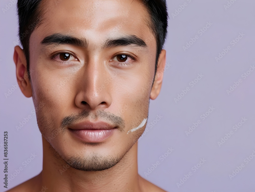 Handsome Asian Man s Face with Professional Makeup for Skincare Advertising Banner on Lilac Handsome Asian Man s Face with Professional Makeup for Skincare Advertising Banner on Lilac