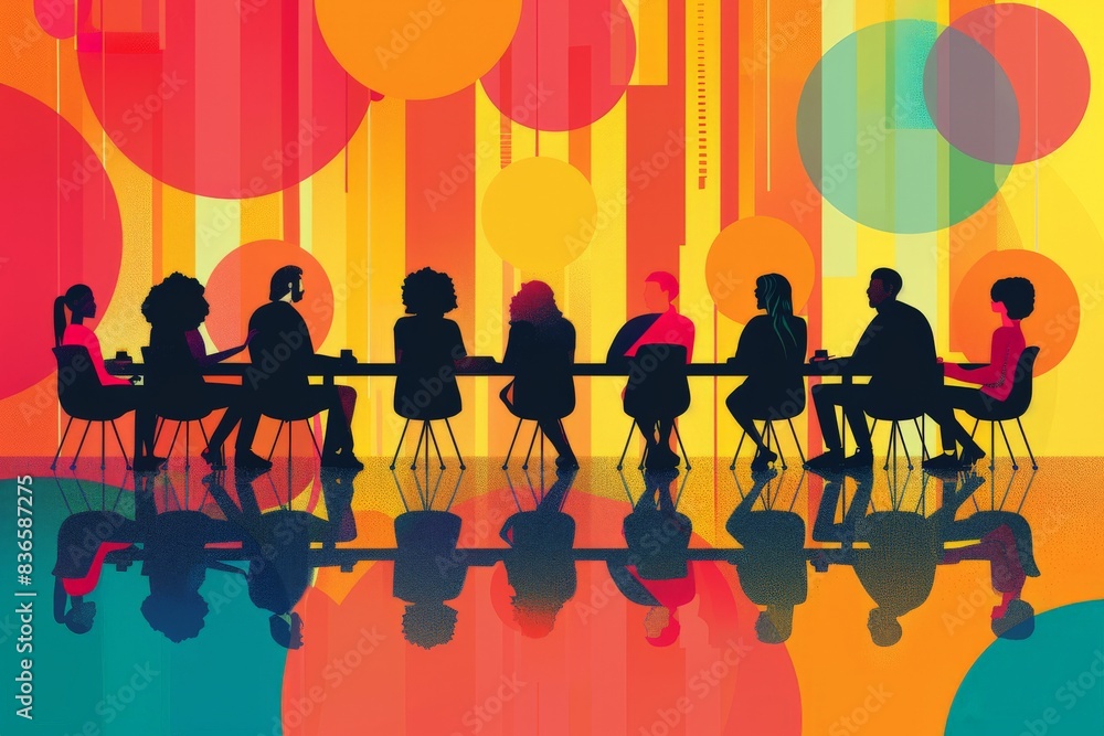 Simplified vector illustration of a business meeting on gender diversity and LGBTQ+ rights, highlighting the importance of inclusivity and equal rights with clean lines and bold colors Simplified vector illustration of a business meeting on gender diversity and LGBTQ+ rights, highlighting the importance of inclusivity and equal rights with clean lines and bold colors