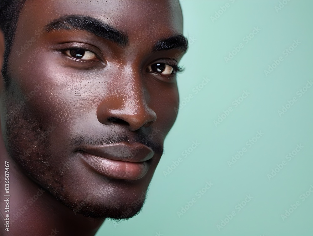 Handsome Black Man s Face in Advertising for Decorative Skincare Products on Seafoam Green