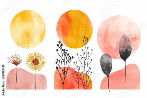 Abstract Shapes in Orange Blush, Yellow, Dusty Pink, and Light Dusty Teal with Bold Strokes, Soft Washes, and Naive Charm Feminine Sticker Art Phoenician Influence and Simple Sun and Flower Doodles photo