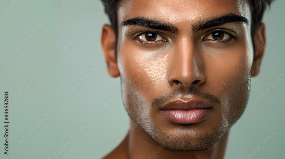 Handsome Indian Man s Face in Skincare Advertising Banner on Pale Green Background Handsome Indian Man s Face in Skincare Advertising Banner on Pale Green Background
