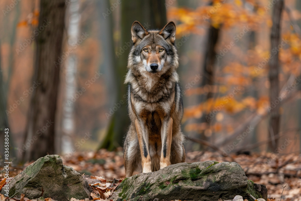 Photo of a European gray wolf in a forest, standing fully on its hind legs looking at the camera, with highly detailed and realistic style. The photo shows the wolf in the style of a European gray wol Photo of a European gray wolf in a forest, standing fully on its hind legs looking at the camera, with highly detailed and realistic style. The photo shows the wolf in the style of a European gray wol