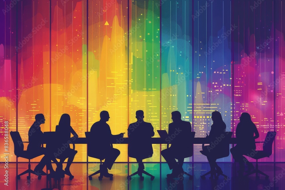 Vector illustration of a business meeting discussing the importance of LGBTQ+ advocacy and equal rights, promoting inclusivity with clean, minimalistic lines and a vibrant color palette Vector illustration of a business meeting discussing the importance of LGBTQ+ advocacy and equal rights, promoting inclusivity with clean, minimalistic lines and a vibrant color palette
