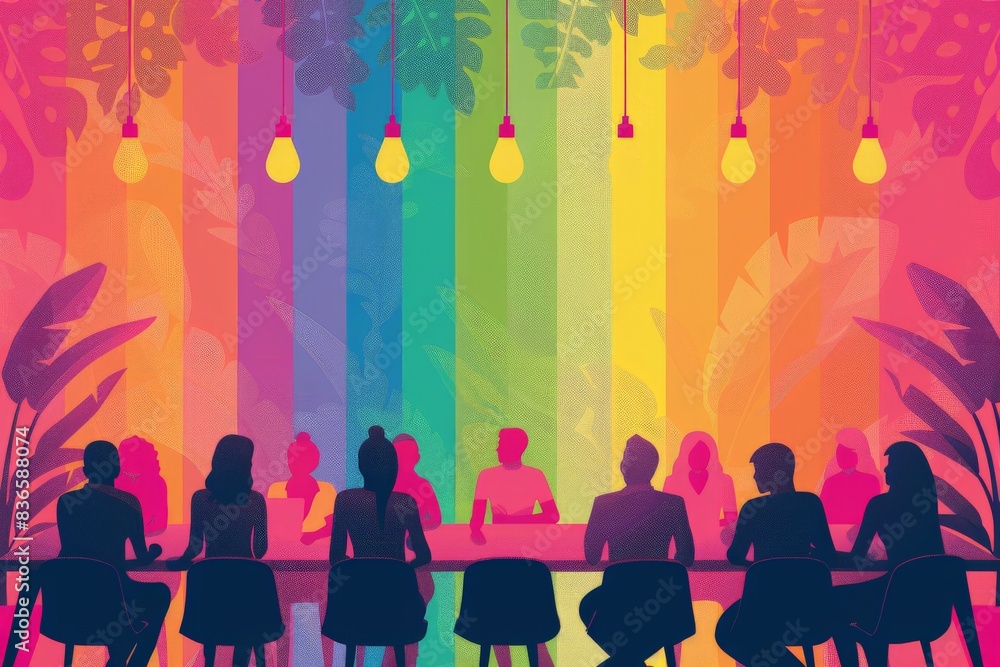 Vector illustration of a business meeting discussing the importance of LGBTQ+ advocacy and equal rights, promoting inclusivity with clean, minimalistic lines and a vibrant color palette Vector illustration of a business meeting discussing the importance of LGBTQ+ advocacy and equal rights, promoting inclusivity with clean, minimalistic lines and a vibrant color palette