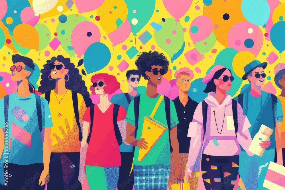 Vector illustration of a group of non-binary individuals at a Pride march, advocating for visibility and acceptance with minimalistic design elements and a bright color palette Vector illustration of a group of non-binary individuals at a Pride march, advocating for visibility and acceptance with minimalistic design elements and a bright color palette