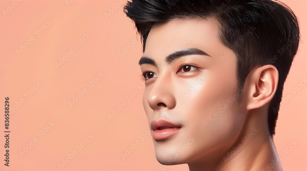 Handsome Asian Male Model s Flawless Skin Showcased in Cosmetic Advertising Banner Handsome Asian Male Model s Flawless Skin Showcased in Cosmetic Advertising Banner