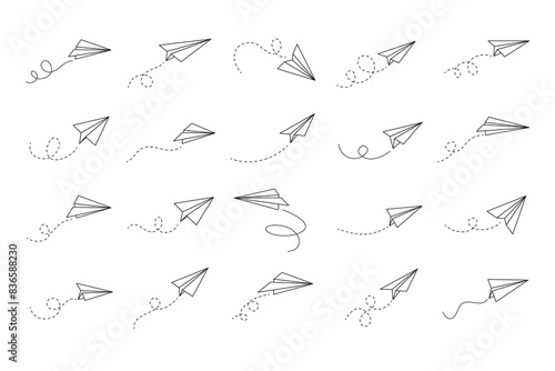 Hand drawn doodle paper plane set. isolated planes flight path. Line airplane icon travel, route. 