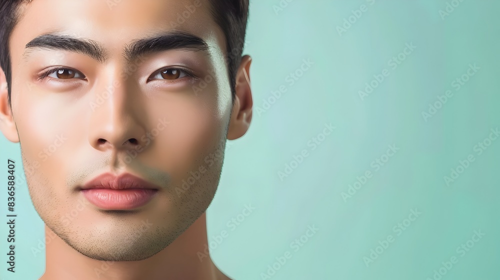Handsome Japanese Man s Facial Portrait for Skincare Advertising Banner on Mint Green Background Handsome Japanese Man s Facial Portrait for Skincare Advertising Banner on Mint Green Background
