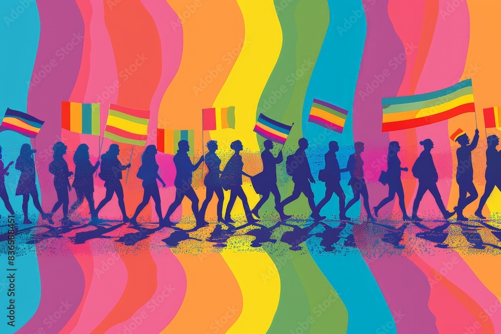 Minimalist vector depiction of a Pride parade with diverse LGBTQ+ community members, promoting inclusivity and the celebration of queer culture with bold, simplified shapes and vibrant colors Minimalist vector depiction of a Pride parade with diverse LGBTQ+ community members, promoting inclusivity and the celebration of queer culture with bold, simplified shapes and vibrant colors