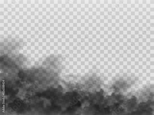Black smoke isolated on transparent background. Vector smog background.