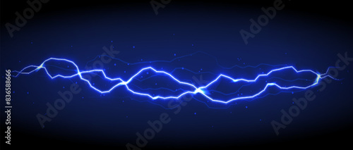 Blue vector lightning on black background. Realistic vector illustration