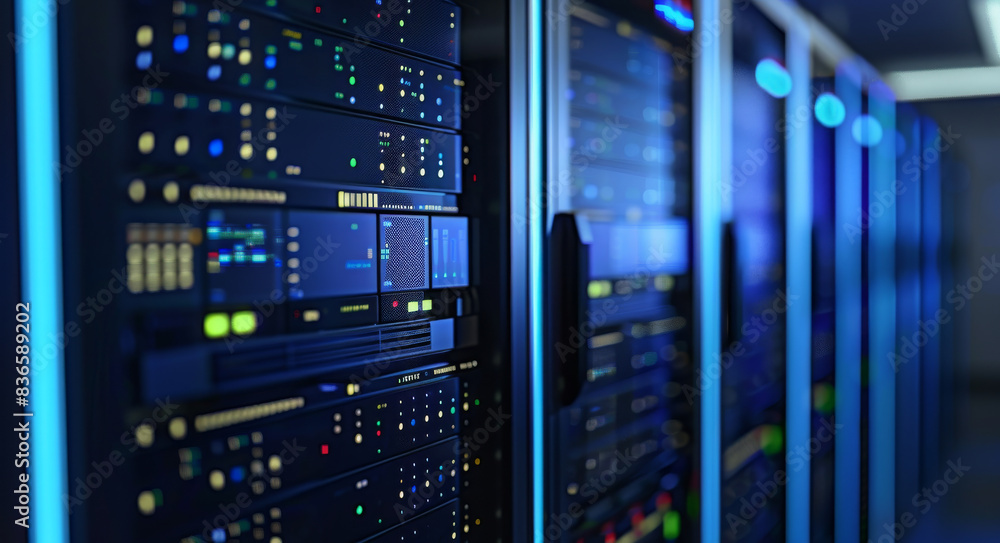 Modern data center with rows of computers on a blurred background, closeup of the dark blue server cabinet. Modern data center with rows of computers on a blurred background, closeup of the dark blue server cabinet.