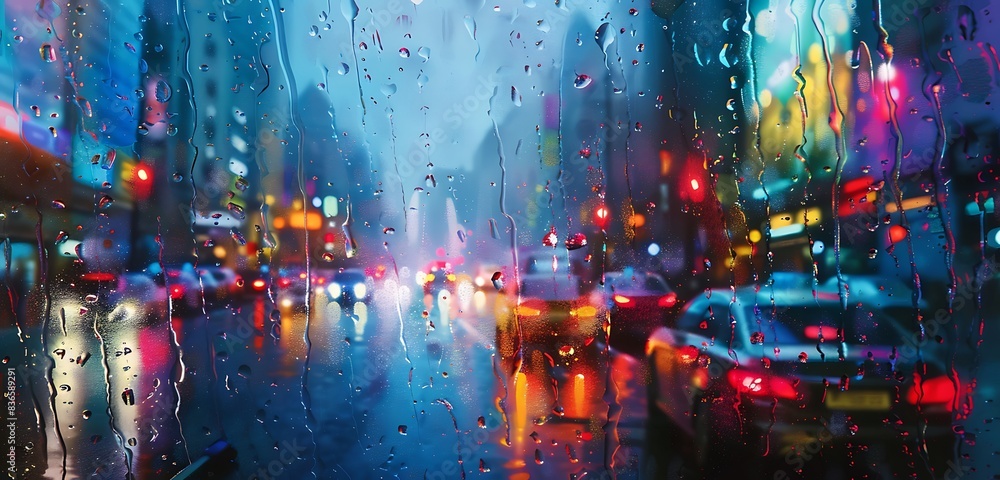 Obraz premium Raindrop-streaked window, vibrant bokeh lights of cars in cityscape.