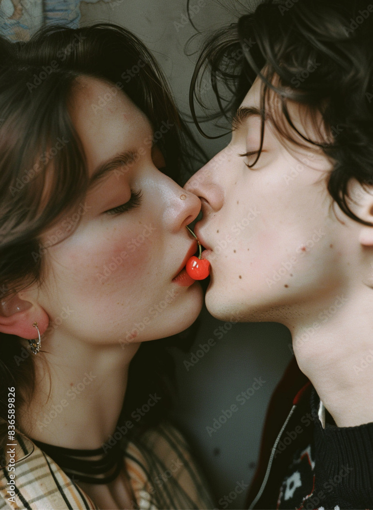 man and women kissing with their lips touching. They have Berry cherry on the upper lip between them. they kiss each other man and women kissing with their lips touching. They have Berry cherry on the upper lip between them. they kiss each other