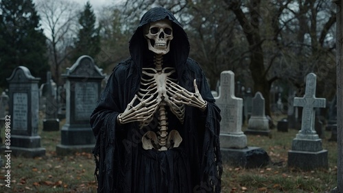 A macabre figure stands in the graveyard with tattered robes and haunting pose