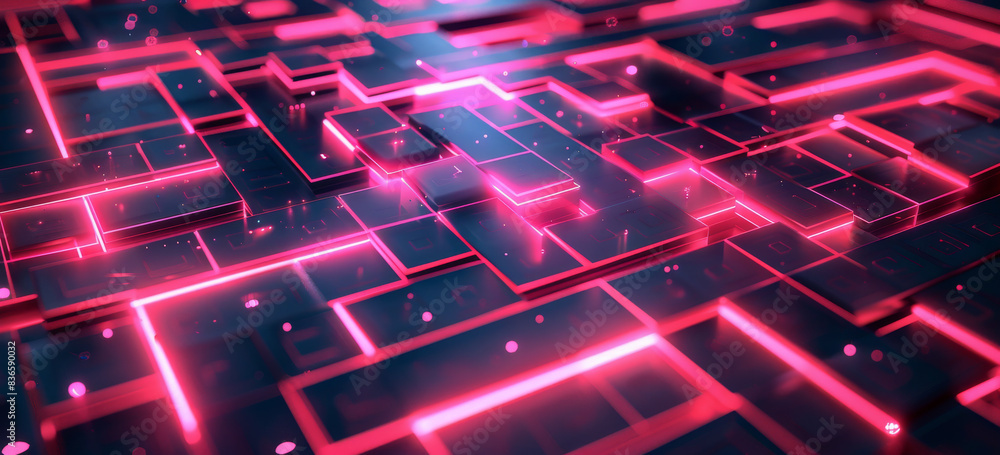 Abstract digital hologram of an illuminated maze with glowing blocks on a dark background, in the style of cyber technology concept. Abstract digital hologram of an illuminated maze with glowing blocks on a dark background, in the style of cyber technology concept.
