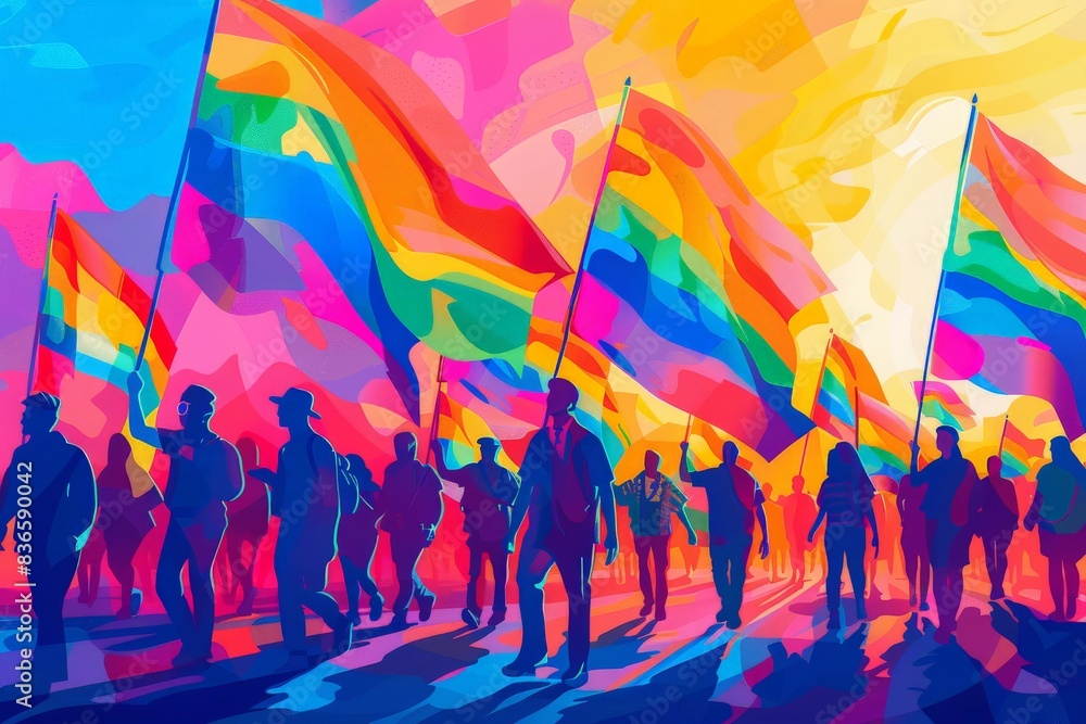Fototapeta premium Vector artwork of a Pride march with participants holding rainbow flags and advocating for LGBTQ+ rights, using bold, simplified shapes and vibrant colors to emphasize inclusivity