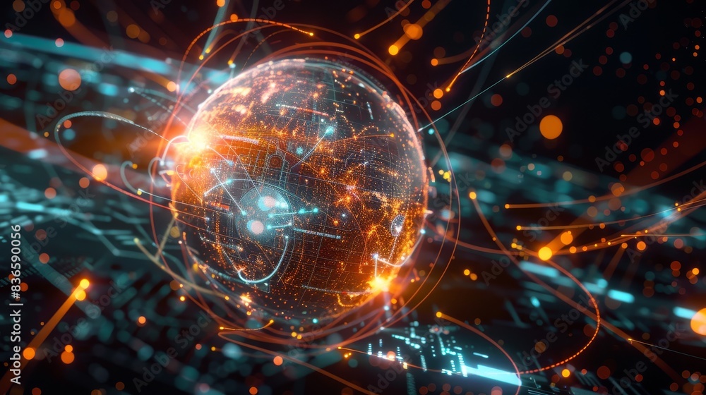 Obraz premium Digital Universe Futuristic Sphere Glowing with Data Lines and Particles