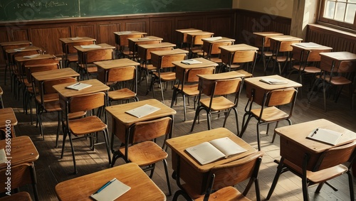 Empty Classroom Desks and Chairs