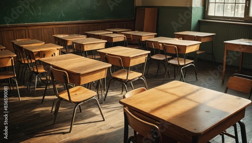 Empty Classroom with Wooden Desks and Chairs