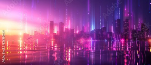 A high-tech, futuristic cityscape at night, illuminated by glowing purple and rainbow lights. The buildings have a sleek, modern design with horizontal elements, emphasizing innovation and progress.