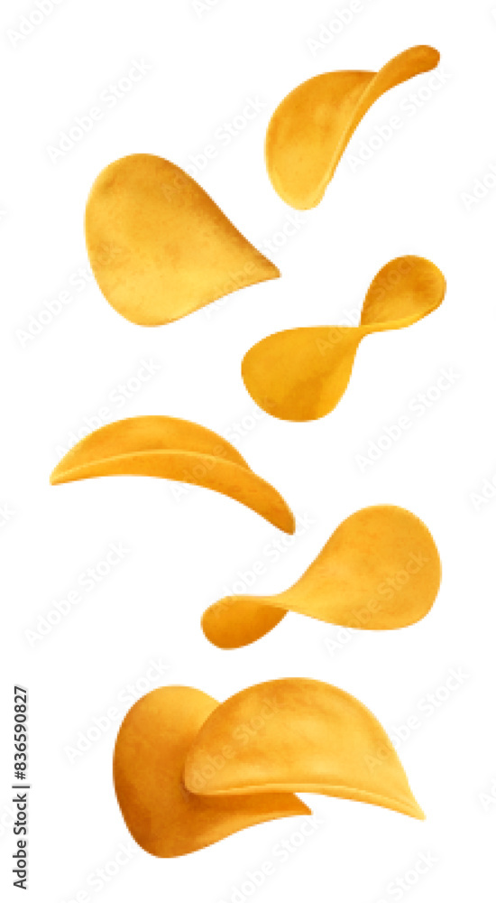 Flying potato chips. Realistic vector illustration isolated on white background. Flying potato chips. Realistic vector illustration isolated on white background.