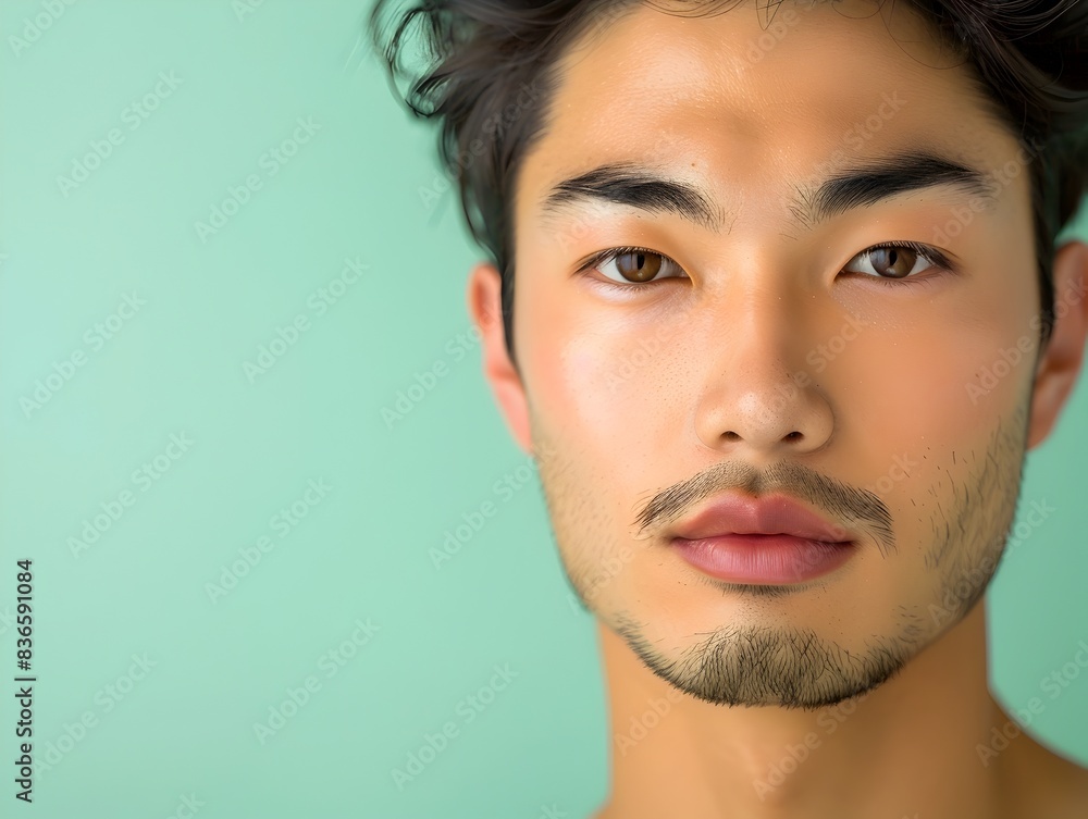 Handsome Japanese Man Face with Professional Makeup for Advertising Skincare Products on Mint Green Handsome Japanese Man Face with Professional Makeup for Advertising Skincare Products on Mint Green