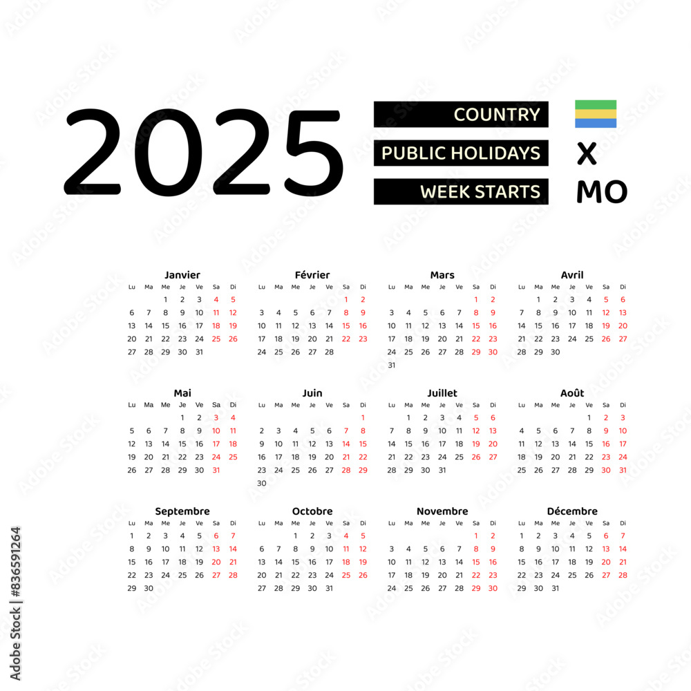 Gabon calendar 2025. Week starts from Monday. Vector graphic design. French language. Gabon calendar 2025. Week starts from Monday. Vector graphic design. French language.