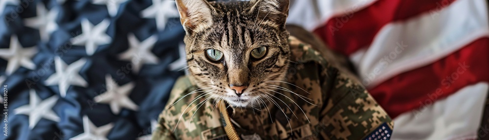 Patriotism and Pride A Cat in Military Uniform with a United States Flag Patriotism and Pride A Cat in Military Uniform with a United States Flag