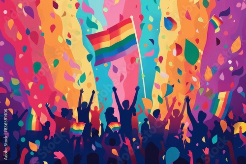 Vector style artwork of a corporate Pride event, featuring LGBTQ+ employees celebrating with rainbow flags and Pride merchandise, highlighting the importance of inclusivity in the workplace with