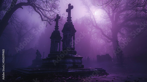 A gothic lectern adorned with gargoyles, silhouetted against an eerie purple background. photo