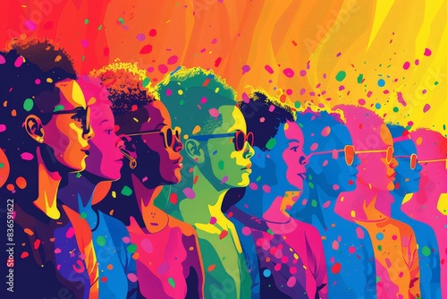 Simplified vector depiction of a Pride parade with diverse LGBTQ+ community members, promoting inclusivity and the celebration of queer culture with bold, simplified shapes and vibrant colors © Benjawan