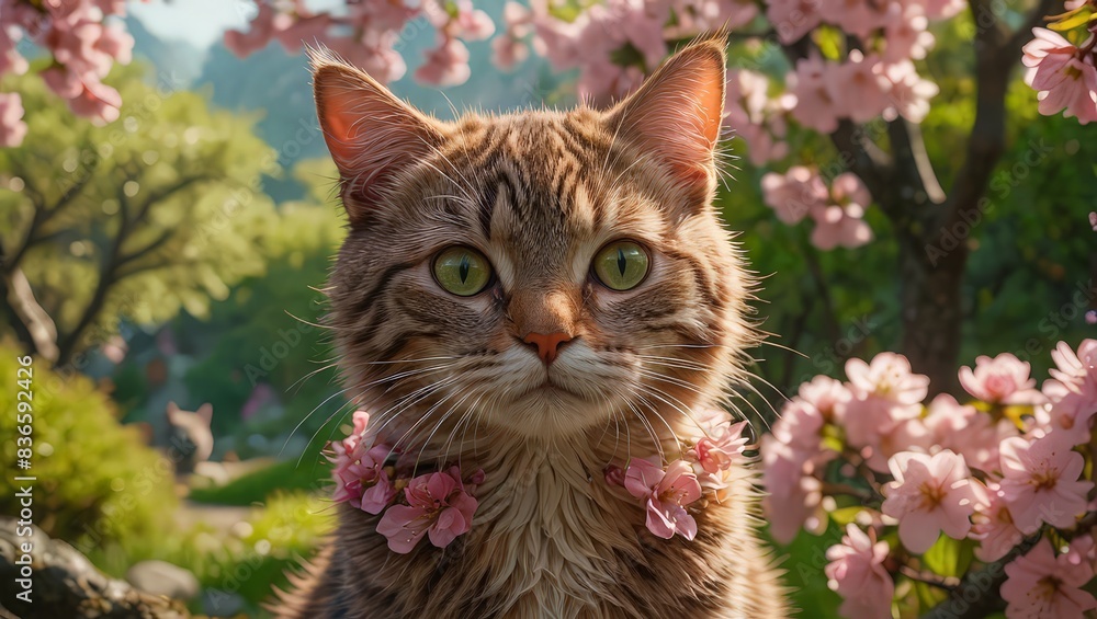 Cute Cat with Pink Flowers Cute Cat with Pink Flowers