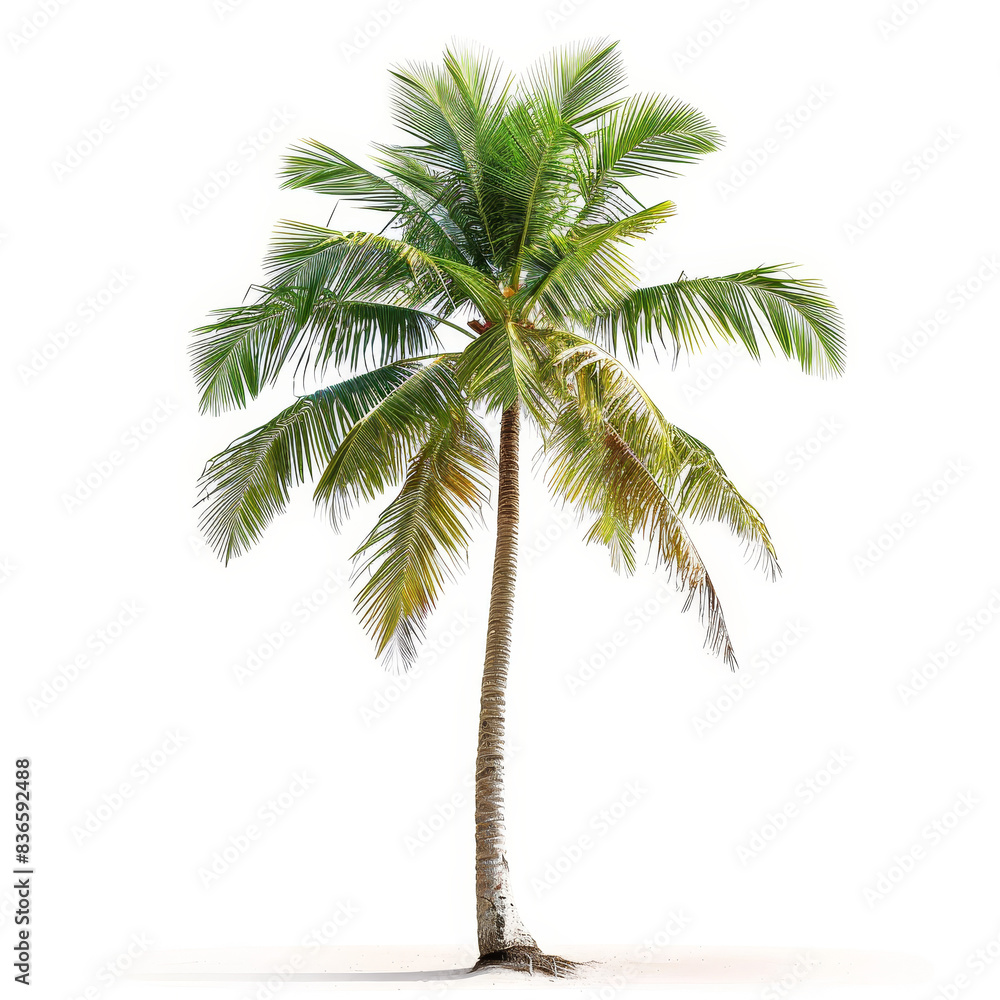 Obraz premium A single coconut palm tree isolated on white, symbolizing tropical vacations and serene beach getaways