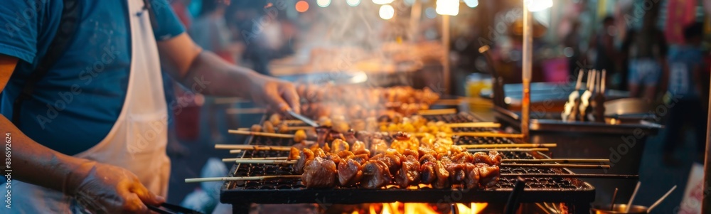 Many skewers of food being cooked on a grill, food background Many skewers of food being cooked on a grill, food background
