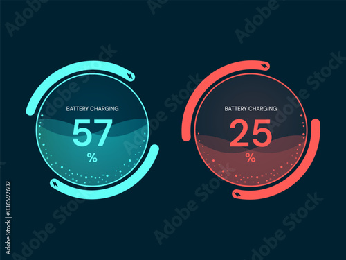 Electric vehicle Battery Charging circle Status interface with Battery Charging, Battery Low vector design concept. Electric car charging for EV station, EV business, ui, infographic, web, new tech.