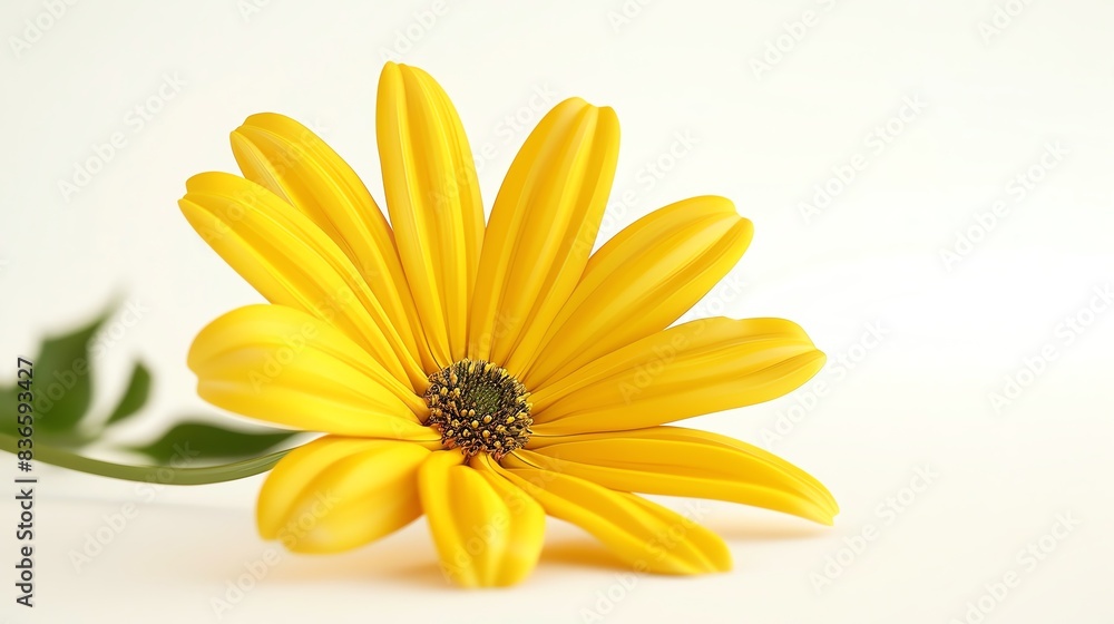 Fototapeta premium Beautiful close-up of a single yellow daisy flower against a light background, highlighting its vibrant petals and dark center.