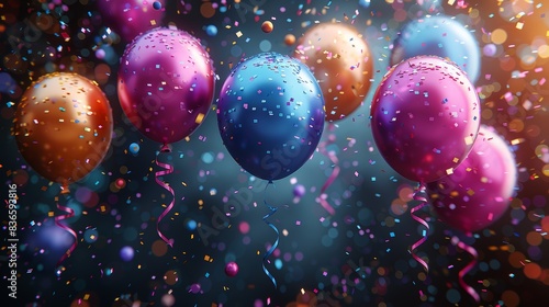 A vibrant celebration background with colorful balloons, confetti, and streamers in a festive atmosphere, perfect for party themes.