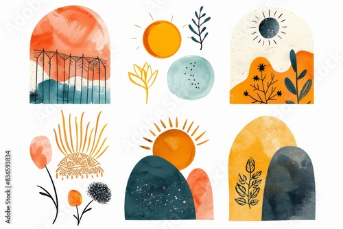 Abstract Shapes in Orange Blush, Yellow, Dusty Pink, and Light Dusty Teal with Bold Strokes, Soft Washes, and Naive Charm Feminine Sticker Art Phoenician Influence and Simple Sun and Flower Doodles photo