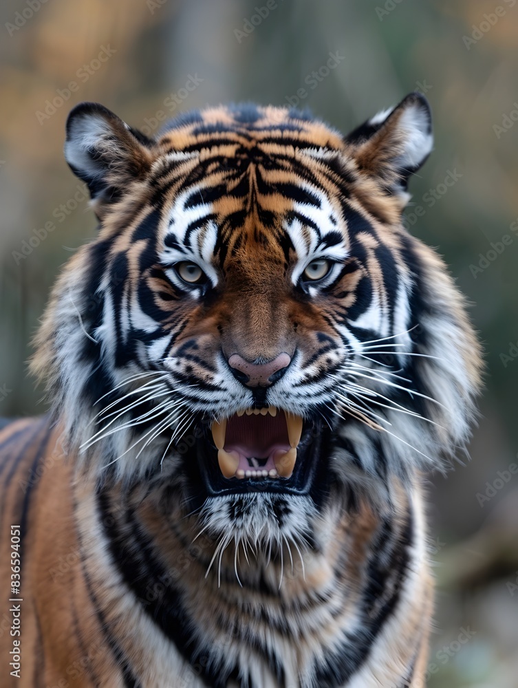 Naklejka premium Fierce and Formidable Tiger Baring Its Fangs with Frightening Expression