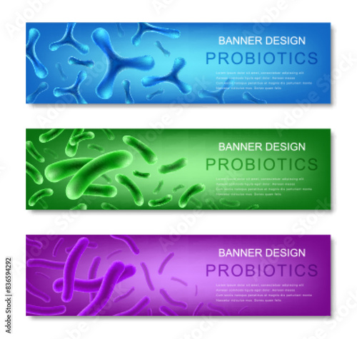Probiotics vector horizontal web banner template set with good  bacteria and microorganisms for humans.