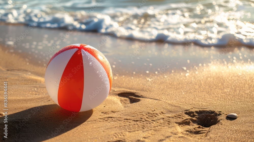 Close-up of a beach red white ball on the sand with the sea in the background Close-up of a beach red white ball on the sand with the sea in the background