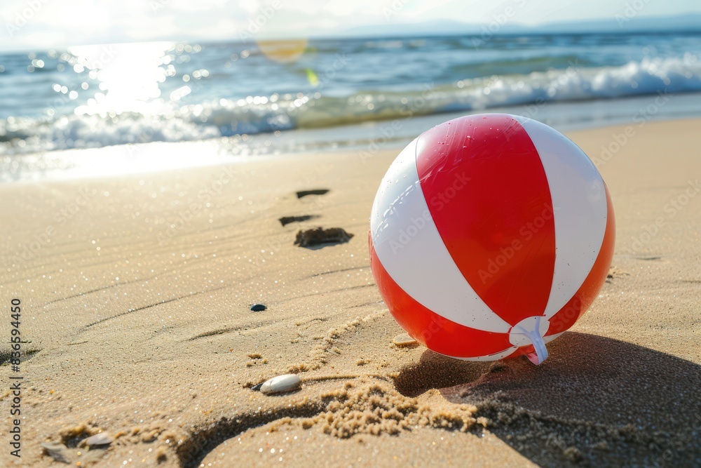 Close-up of a beach red white ball on the sand with the sea in the background Close-up of a beach red white ball on the sand with the sea in the background
