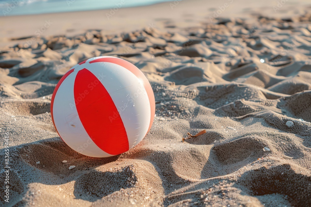 Close-up of a beach red white ball on the sand with the sea in the background Close-up of a beach red white ball on the sand with the sea in the background