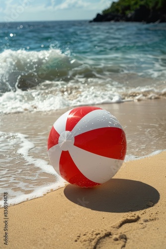Close-up of a beach red white ball on the sand with the sea in the background