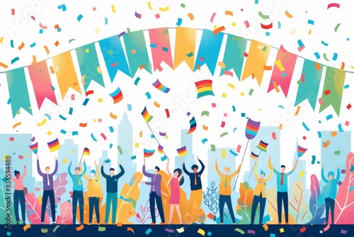 Minimalist vector scene of a corporate Pride event, featuring LGBTQ+ employees celebrating with rainbow flags and Pride symbols, highlighting the importance of diversity and inclusion in the