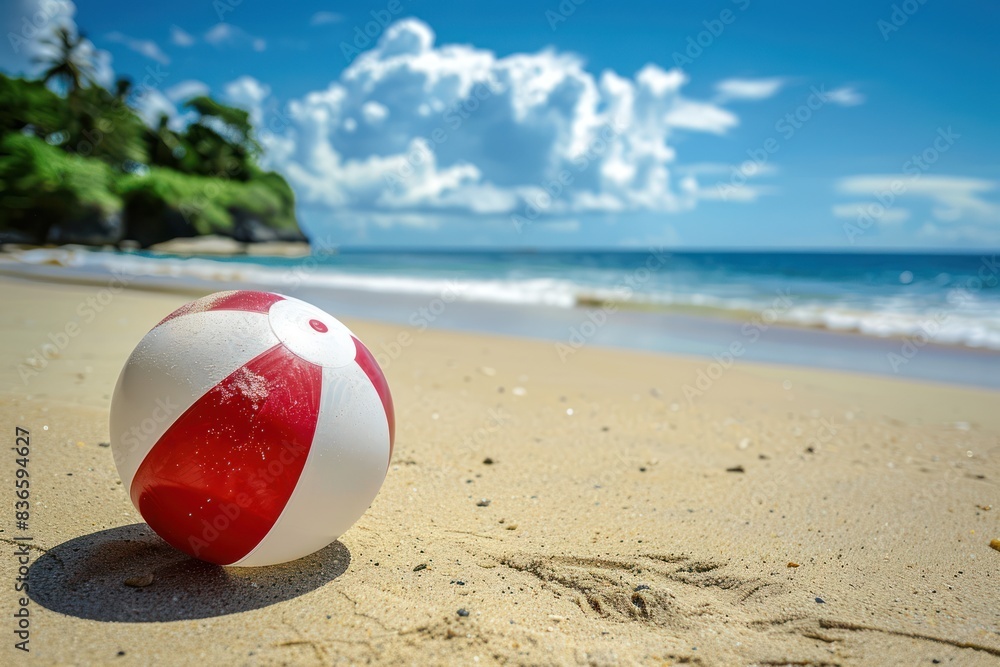 Close-up of a beach red white ball on the sand with the sea in the background Close-up of a beach red white ball on the sand with the sea in the background
