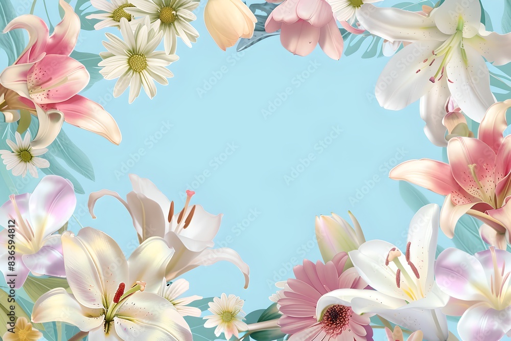 Elegant Floral Border on a Soft Blue Background, Ideal for Invitations and Greeting Cards. Fresh, Spring Design for Print and Web. Generative AI Elegant Floral Border on a Soft Blue Background, Ideal for Invitations and Greeting Cards. Fresh, Spring Design for Print and Web. Generative AI