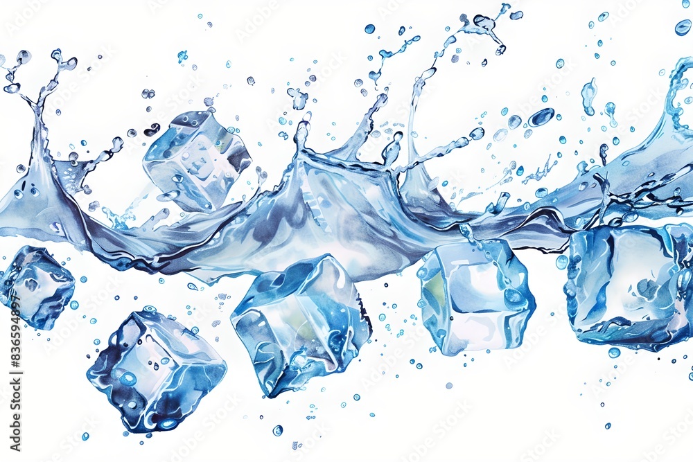 Dynamic splash of water with floating ice cubes on white background. Perfect for refreshing concepts. This image offers a clear view of fluid motion. Ideal for advertising. Generative AI Dynamic splash of water with floating ice cubes on white background. Perfect for refreshing concepts. This image offers a clear view of fluid motion. Ideal for advertising. Generative AI