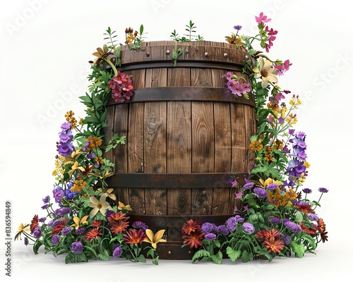 Wooden barrel surrounded by vibrant, colorful flowers, creating a beautiful, rustic garden scene. Perfect for nature and gardening themes.